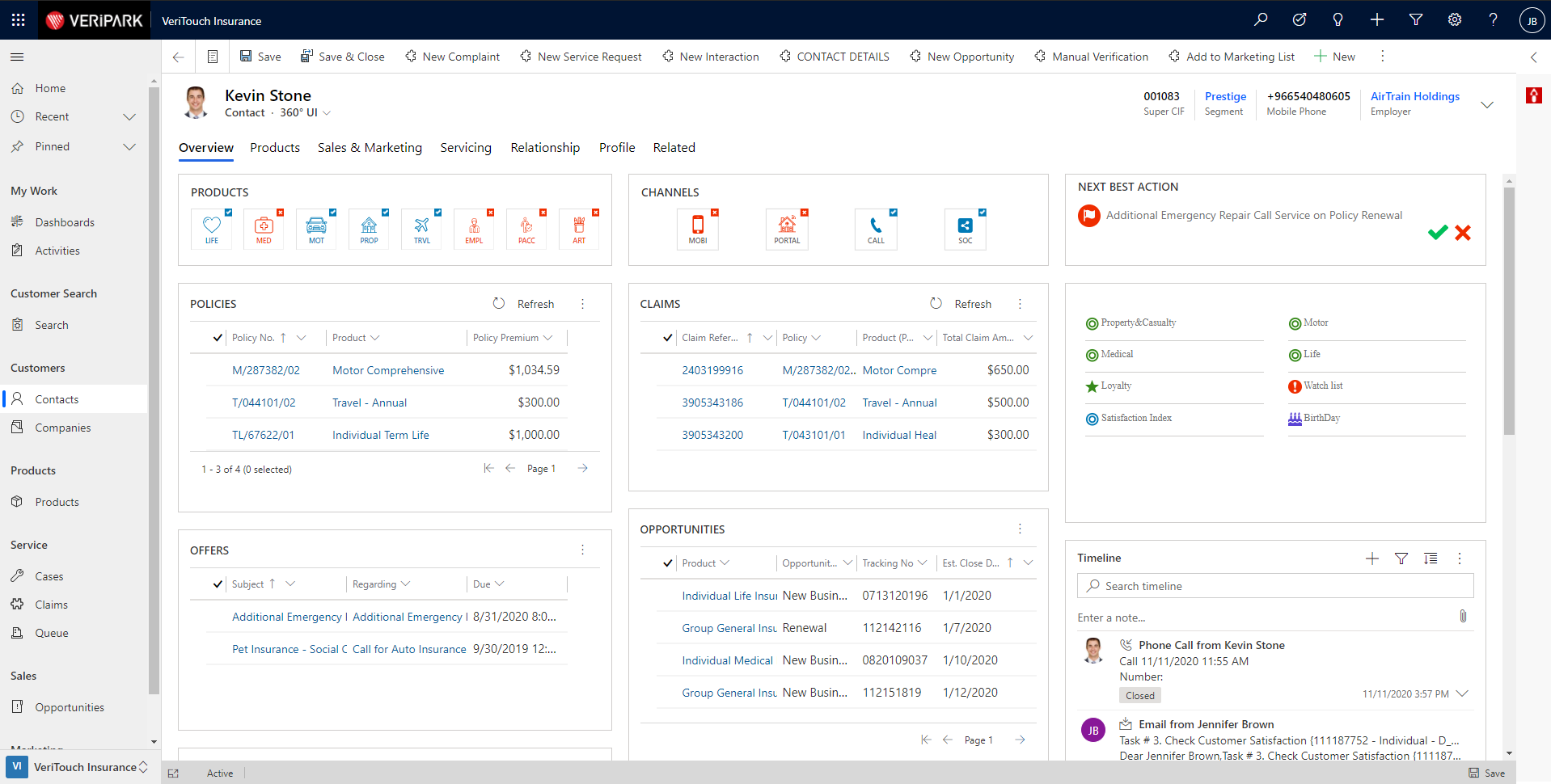 Insurance Single View of Customer screen