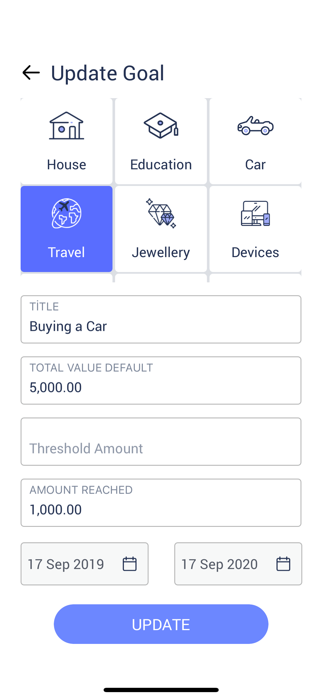 Personal Finance Management screen