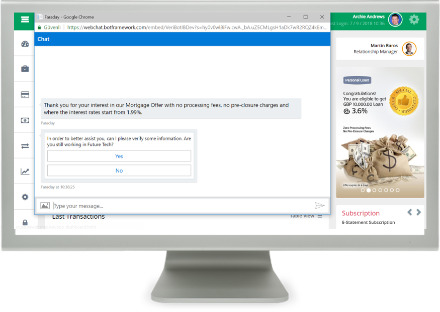 VeriChannel Chatbot internet banking screen