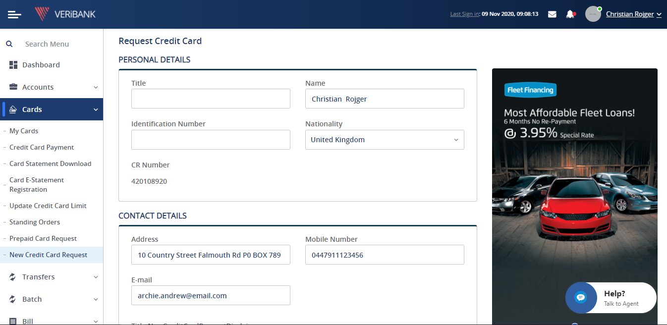 Corporate Internet Banking screen