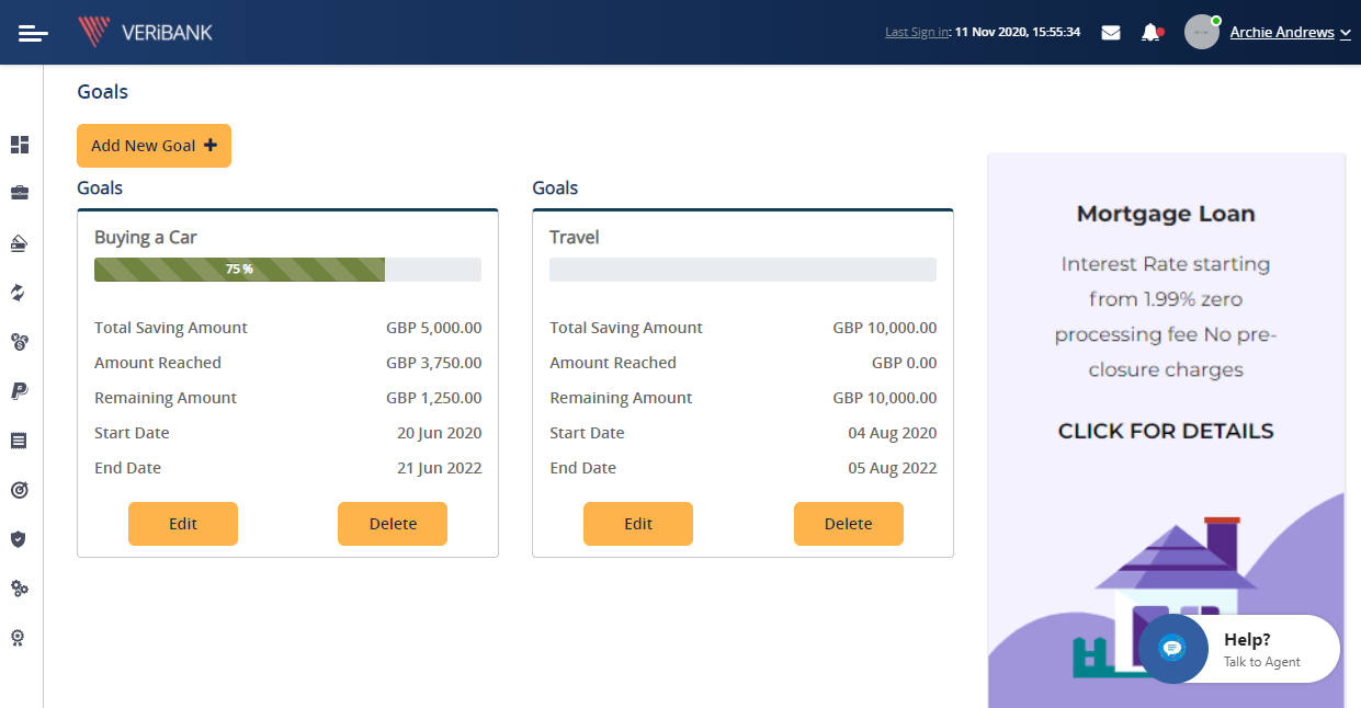 Personal Finance Management screen