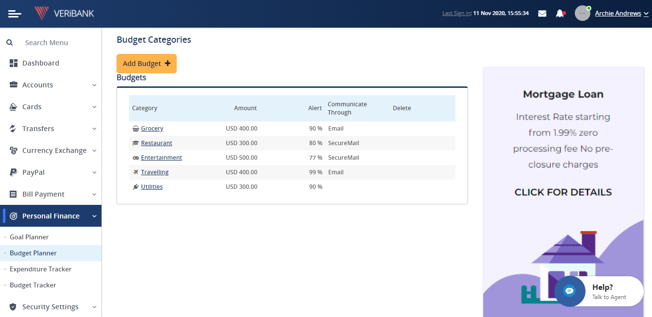 Personal Finance Management screen