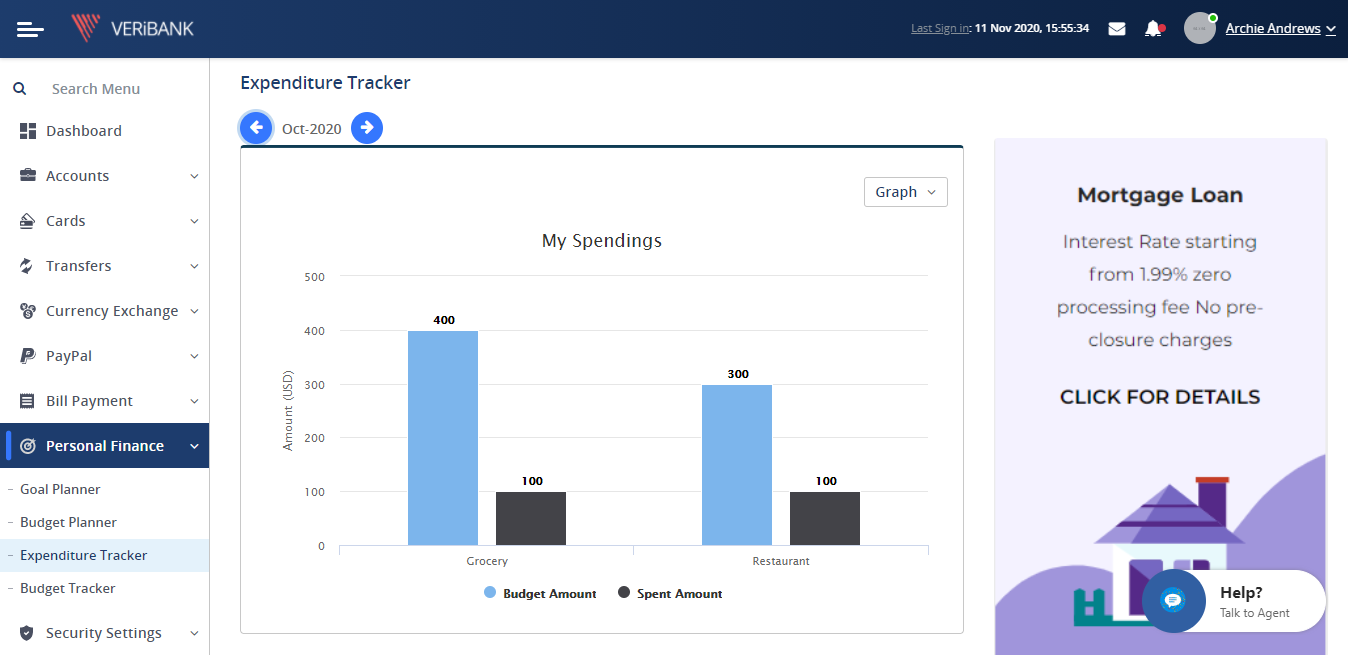 Personal Finance Management screen