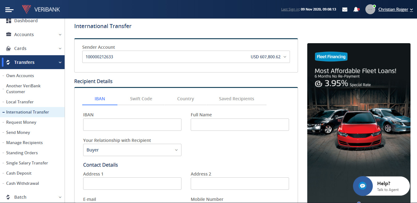 Corporate Internet Banking screen