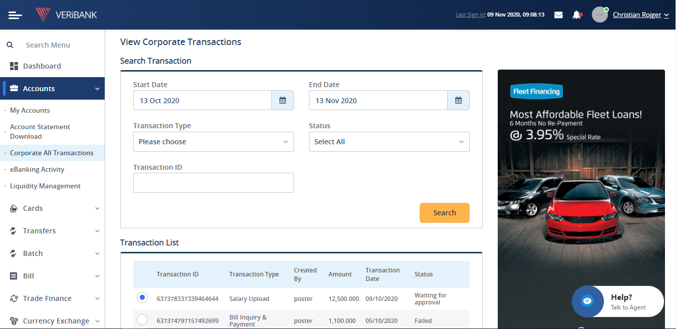 Corporate Internet Banking screen