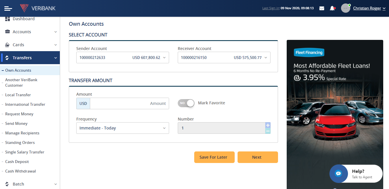 Corporate Internet Banking screen