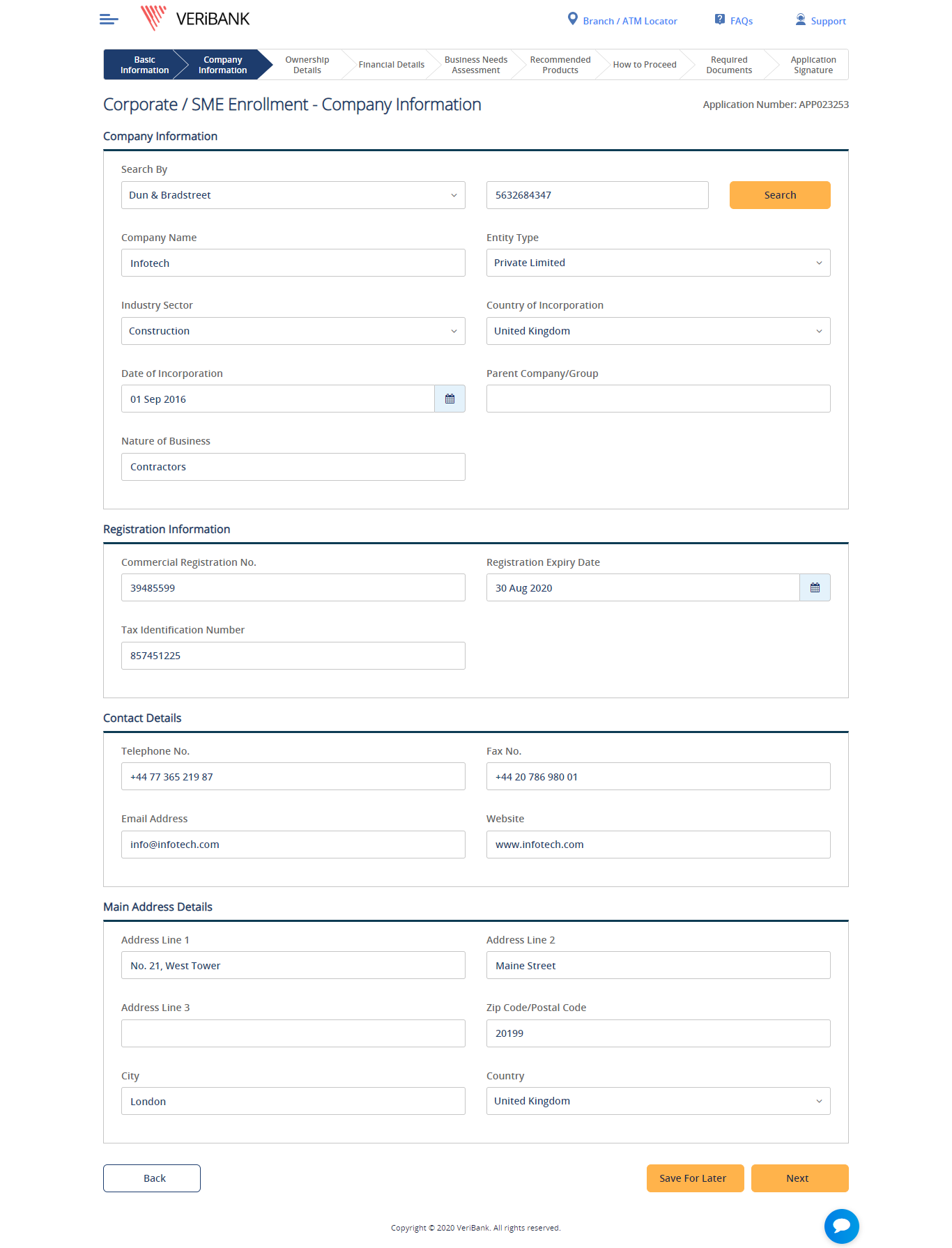 sme corporate onboarding screen