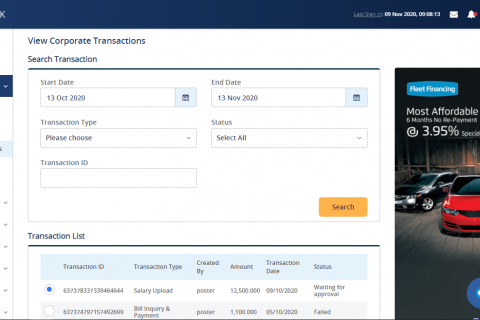 Corporate Internet Banking screen