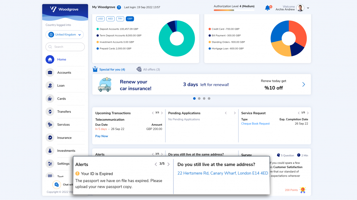 internet banking dashboard with alerts - screenshot